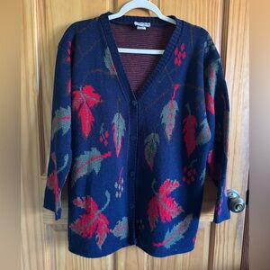Vintage Color Bay USA Leaf Print Knit Cardigan Sweater Medium